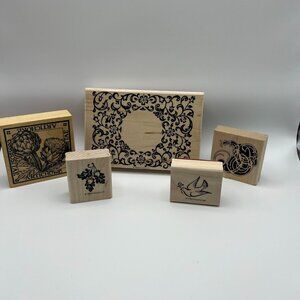 Set Of 5 Stampin Up! 1999 Rubber Stamps With Wood Blocks - Dove Oak Leaves Frame